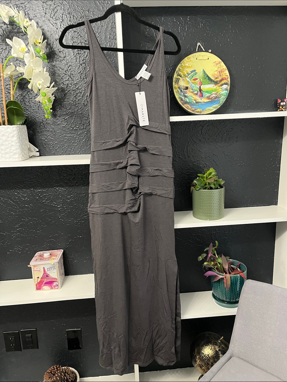 Reversible Dark Gray Sleeveless Ruffle-Front Maxi Dress 8-10(Discontinued Brand)